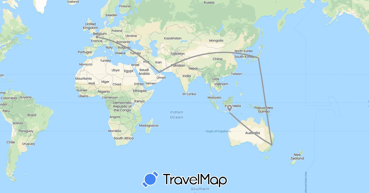 TravelMap itinerary: driving, plane in United Arab Emirates, Australia, France, Indonesia, Japan (Asia, Europe, Oceania)